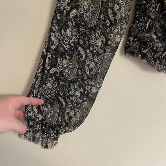 Free People Women M Black Paisley Boho Long Sleeve Smocked Lolita Peasant Top - Picture 3 of 10